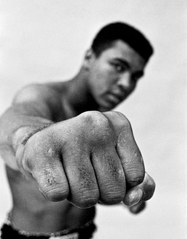 Muhammad Ali, boxing world heavyweight champion showing off his right fist, Chicago, USA, 1966.